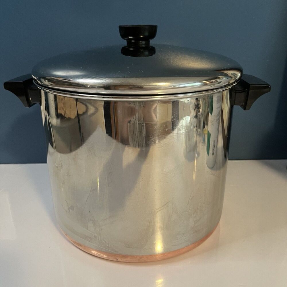 REVERE WARE 8 Qt Stock Pot & Lid Copper Bottom Clinton ILL USA Vtg Clean